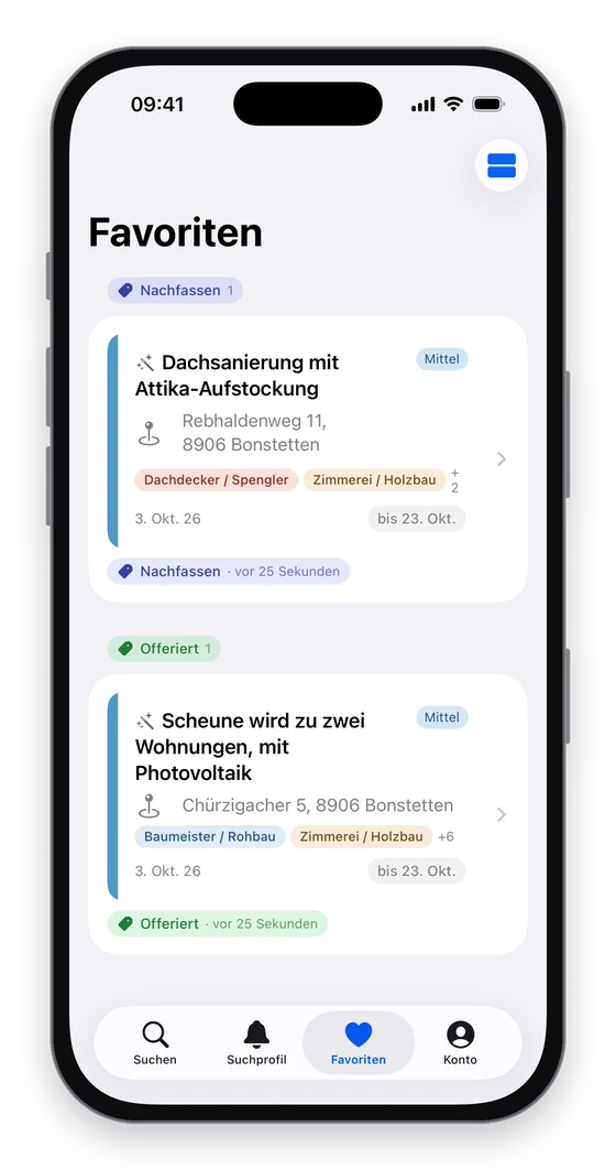 Die Merkliste mit Etiketten wie Offeriert und Nachfassen