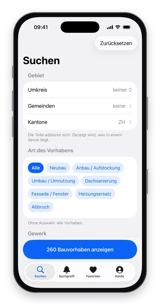 Gebiet, Art des Vorhabens und Gewerke wählen