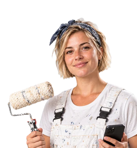 Malerin mit Farbroller und Handy